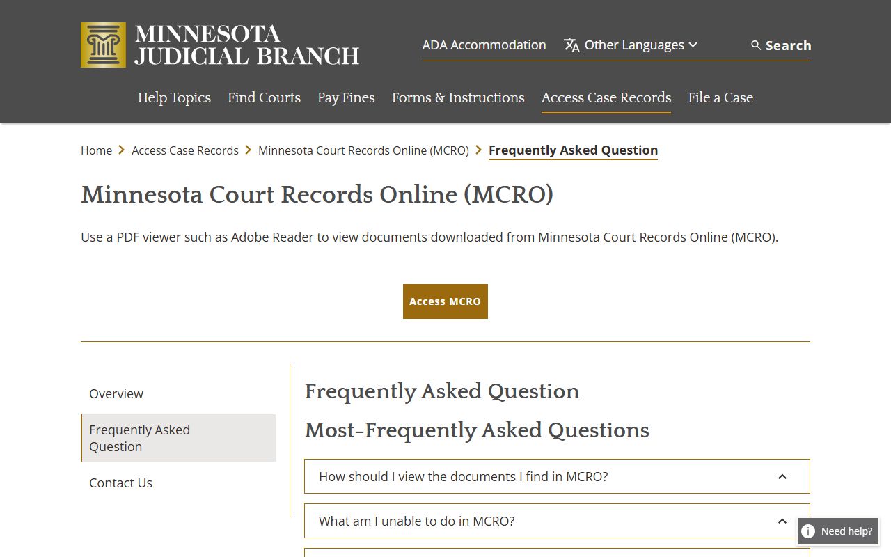 MCRO FAQ explaining search limitations for Rock County docket searches