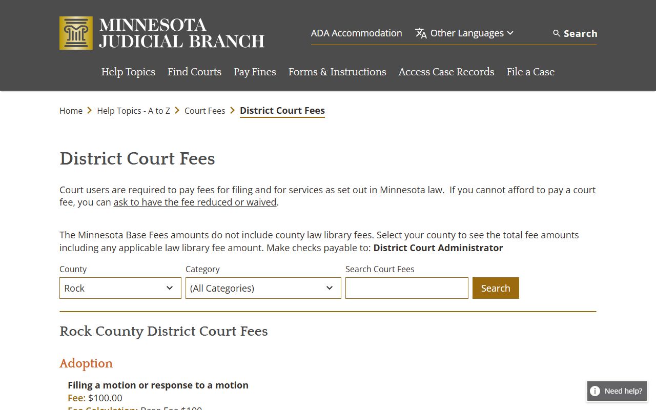 Rock County District Court fee schedule for docket-related copy and filing questions