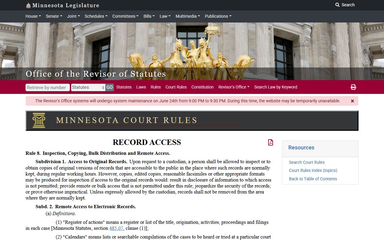 Minnesota public access rule for Rock County court record inspection and copying