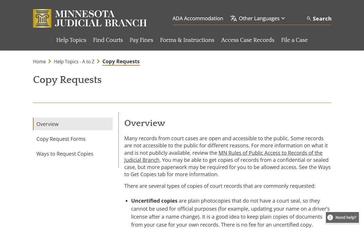 Minnesota Judicial Branch copy request guidance for Rock County court records