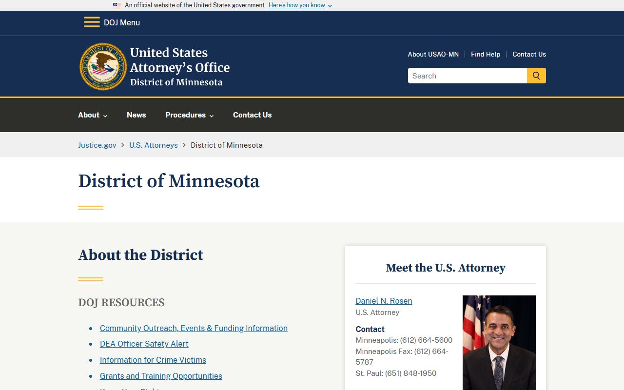 U.S. Attorney District of Minnesota page for federal criminal case distinction