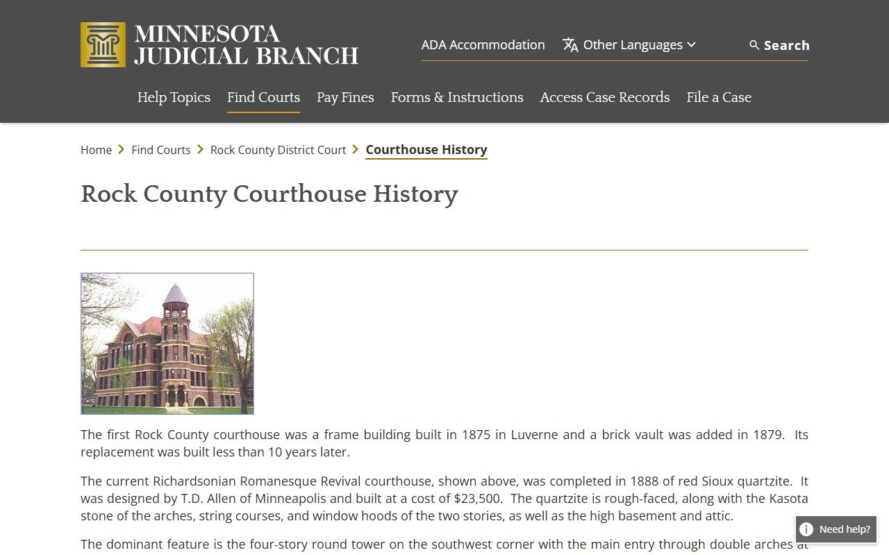 Rock County court records courthouse history page