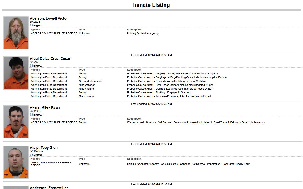 Rock County inmate records Nobles County live inmate listing